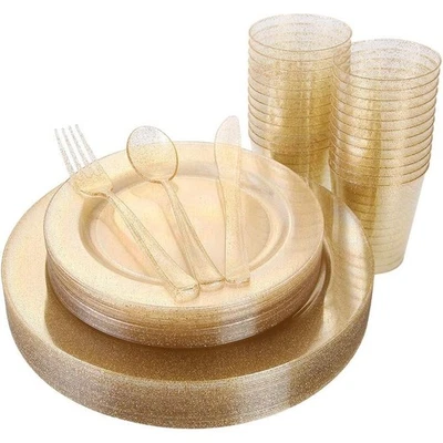 Platos Desechables Brillo Dorado Cubiertos Tazas Vajilla Fiesta Set 25 Piezas Nuevo Foto 1 de 4