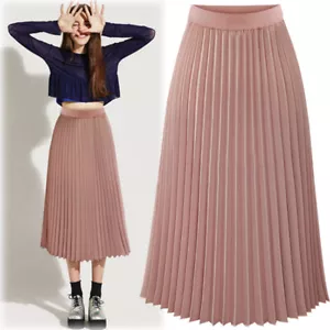 Waist Double Layer Long Midi Skirt Women's Summer Pleated Chiffon Elastic - Picture 1 of 11