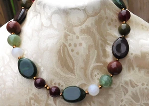 Vintage 80 s Handmade Beaded Necklace Quartz Green Crackle Glass Amber17"- 20" - Picture 1 of 12
