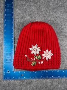 Flower Beanie Toque Womens One Size Red Knit Floral Acrylic Blend Pearl Outdoor - Picture 1 of 5