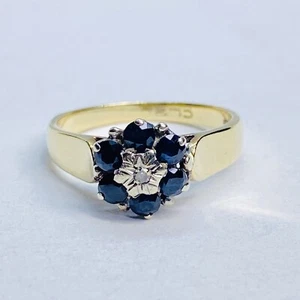 9ct Gold Diamond & Sapphire Cluster Ring - UK Size O - REF-D1464 - Picture 1 of 9