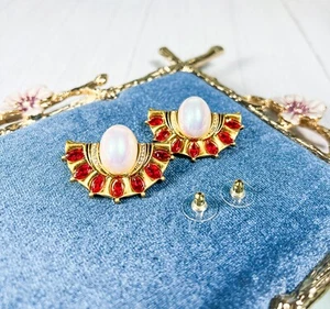Victorian 14K Gold Earrings, Vintage Opal Sapphire Earrings, Ruby Red Earrings - Picture 1 of 8