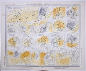1899 LARGE WEATHER METEOROLOGY MAP WEATHER & STORMS EUROPE & NORTH AMERICA FOHN - Picture 1 of 5