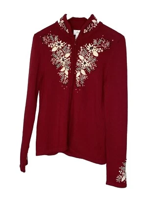 Foxcroft Mujer Manga Larga Cremallera Completa Suéter Cuello Simulado Rojo Bordado Pequeño Foto 1 de 4