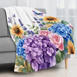 Botanical Yellow Sunflower Blue  Floral Throw Blanket for Couch Bed Sofa Office - Picture 1 of 6