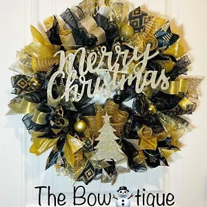 Black & Gold Merry Christmas Tree Ribbon Door Wreath Handmade 22 ins LED W24 - Picture 1 of 8