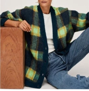 Mango karierte Oversize flauschige kuschelige Strickjacke XS türkis gelb orange - Bild 1 von 8