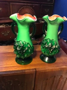 Pair of antique green cased glass Bud vases applied handles and flowers - Picture 1 of 15