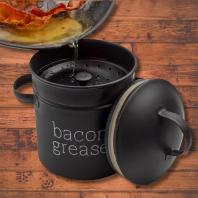 Black Enamel Farmhouse Bacon Grease Container, Vintage w/Strainer Keto-Friendly - Image 1 of 4