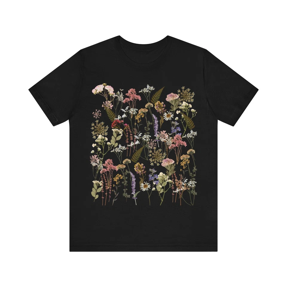 Pressed flower Unisex Jersey Short Sleeve Tee, Boho Cottagecore Tshirt - Image 1 of 1