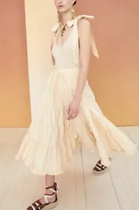 NWT $395 Ulla Johnson Hope Tiered Tie-Shoulder Midi A-Line Natural Dress Sz S - Picture 1 of 4