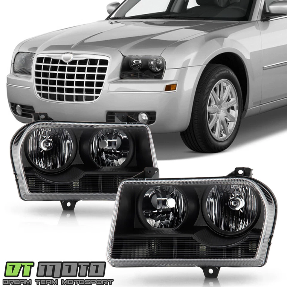 Black 2005-2010 Chrysler 300 Headlights Headlamps Left+Right Replacement 05-10 - Image 1 of 4