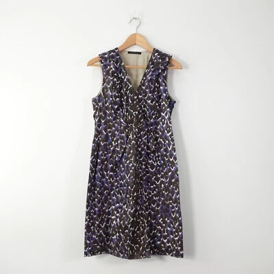 Vestido de Cóctel Elie Tahari 6 Pequeño Azul Algodón Envoltura Leopardo Volantes Informal Carrera Foto 1 de 4