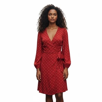 Old Navy Large Tall Red White Polka Dot Wrap Dress Cotton Long Sleeve - Image 1 of 4