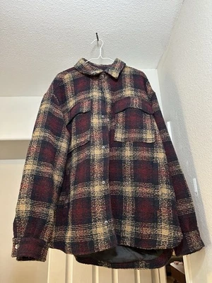 Chaqueta de franela de gran tamaño Bershka a cuadros para hombre XL mezcla de lana roja negra tostada Foto 1 de 4