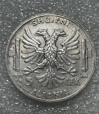 Albania 5 Lek 1939 R Choice Circulated With Luster Silver Coin Scarcer Date - Image 1 of 2