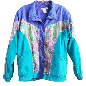 Vintage Sunterra Windbreaker Jacke Damen L Totally 80s Block Muliti Blau Farbe - Bild 1 von 4