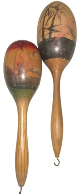 Maracas de madera vintage - aprox. 12" - Juego de 2 ornamentados de colección Foto 1 de 4