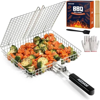 Large Grill Basket Stainless Steel, Removable Handle, BBQ Rack for Fish/Meat/Veg - Image 1 of 4
