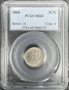 1868 3cn Three Cent Nickel PCGS MS63 😱OBVERSE DIE BREAK😱 - Picture 1 of 4