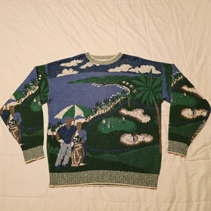 Vintage Crossings Cotton Sweater Mens XL Golf Scene All Over Print USA Made Vtg - Picture 1 of 21