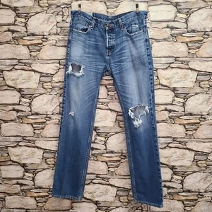 Hollister gerade Herrenjeans Größe 34 x 34 Button Fly Distressed blau Schnurrhaare - Bild 1 von 24