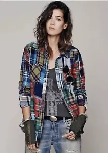 Free People We The Free Patchwork Lost In Plaid Flannel Shirt Button RARE Size M - Picture 1 of 18