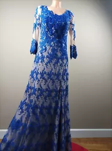 Damen handgefertigt blau Brautjungfer Abend Party langes Kleid Spitze Applikation - Bild 1 von 14