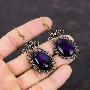 Purple Fire Labradorite Wire Wrapped Drop/Dangle Earrings Copper For Girls 2.91" - Picture 1 of 6