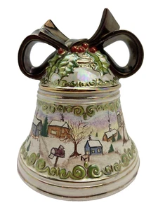Hobbyist Ceramic Christmas Bell Shaped Cookie Jar Country Snow Scene Folk Art - Picture 1 of 13