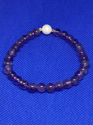 BRACELET 宝石 紫水晶 6 毫米和珍珠 8 毫米吊袜带 8 英寸 适合手腕 7-8 英寸 全新 — 第 1/4 张图片