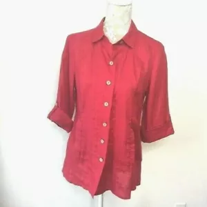 Soft Surroundings PS Button Up Linen Shirt Petite Small Dark Red Roll Tab Sleeve - Picture 1 of 6