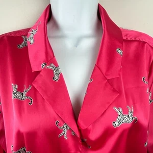 Denim & Company Pink Satin Tiny Leopard Print Top Shirt Blouse Size L - Picture 1 of 13