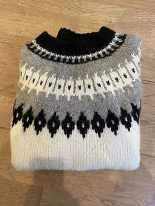 Vintage Hand Knit Icelandic Wool Sweater Unisex FairIsle Black Grey Scandanavian - Picture 1 of 12
