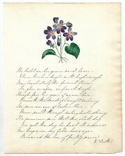 Antique HANDWRITTEN POETRY Manuscript ORIGINAL FOLK ART FLOWER PAINTING c.1823