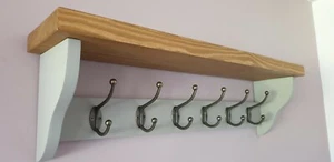 COAT RACK WITH SHELF Handmade 6 Double Hooks Pavillion Grey & Medium Oak wax - Picture 1 of 13