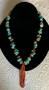VINTAGE NATIVE AMERICAN KEWA PAWN TURQUOISE, CORAL & RED BEAD HANDMADE NECKLACE - Picture 1 of 12