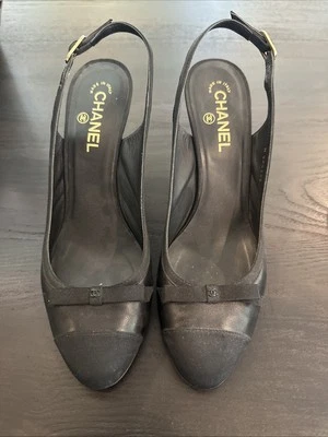 AUTHENTIC CHANEL SLING BACK LEATHER, BLACK CAP Toe Size 42 12 Classic Bow Front - Image 1 of 4
