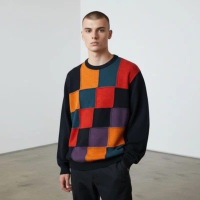 VTG Mens Sweater Wool Blend Dad Black Preppy Patchwork Checkered Sz L Multicolor - Image 1 of 4