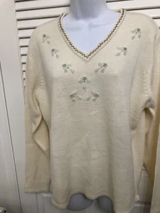 Adrian Delafield Womens VNeck Knit Sweater CREAM XL Beaded Neck and Sleeve  - Picture 1 of 7