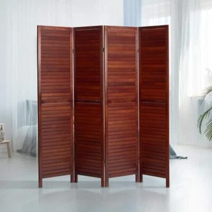 Oriental Furniture Room Divider 71" H X 72" W, Wood Frame Folding Walnut 4-Panel - Picture 1 of 5