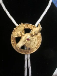 LOYAL ORDER OF THE MOOSE Fraternal Organization BOLO TIE Gold Tone White Cord - Picture 1 of 7