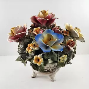 Jarrón corto Capodimonte grande floral multicolor centro de mesa con patas 10,5" h astillado - Imagen 1 de 10