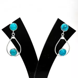 Green Turquoise Gemstone 925 Sterling Silver Jewelry Stud Earring Size 1.3" - Picture 1 of 1