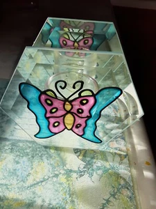 Stained Glass Butterfly with mirror background Votive Candle Holder, Pink & Blue - Picture 1 of 3