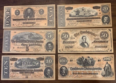 US Confederate Currency Set - $1, $5, $10, $20, $50, $100 - Vintage Facsimile - Image 1 of 4