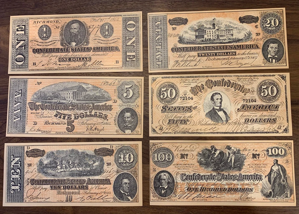 US Confederate Currency Set - $1, $5, $10, $20, $50, $100 - Vintage Facsimile - Image 1 of 4