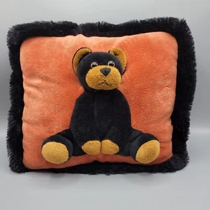 Stuffed Bear 3D Square Accent Pillow Plush Black & Orange with Fluffy Trim - Picture 1 of 8
