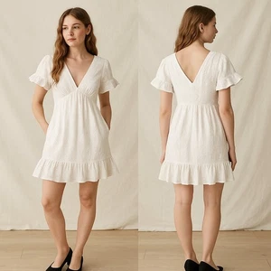 ASOS Kleid Damen 2 Weiß Ösen V-Ausschnitt Rüschensaum Baumwolle Mini Sommer Freizeit - Bild 1 von 10