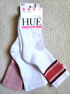 HUE Women's Air Cushion Crew Wicking Sock 3 Pair Pack, Pink Stripe, USA MADE - Picture 1 of 7